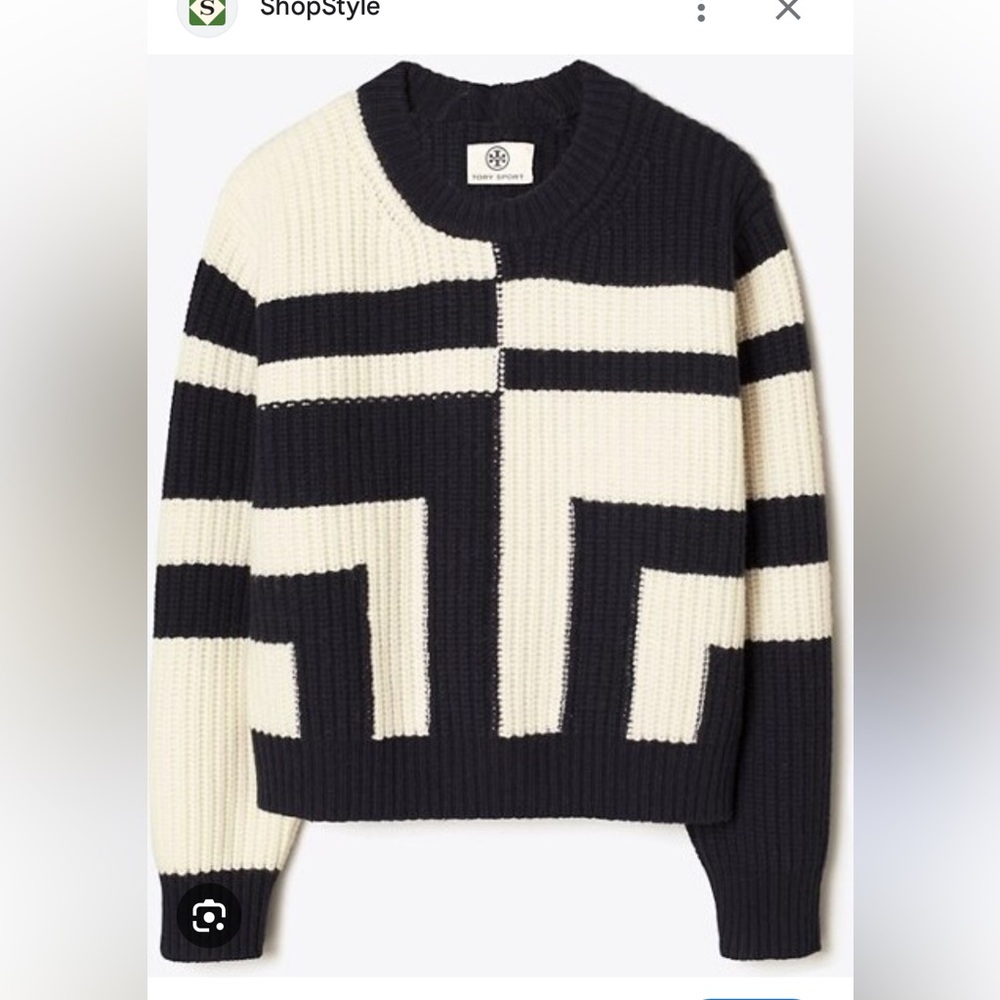Tory Sport merino wool colorblocked “T” sweater